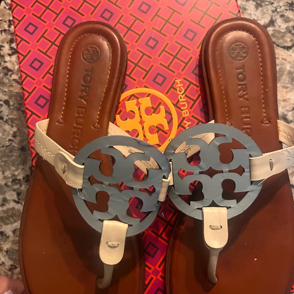 Tory Burch Brown and Cream Slide Sandals